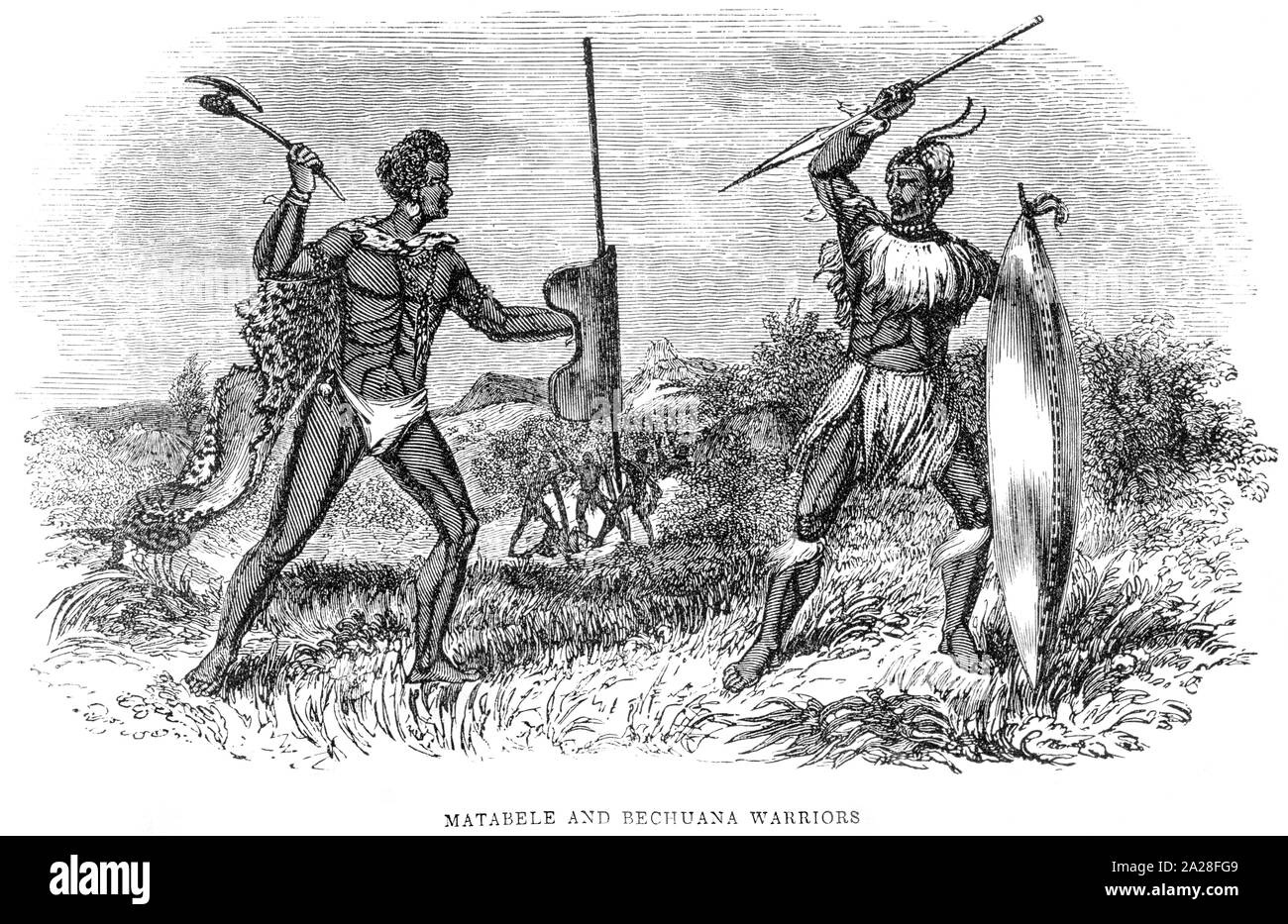 An illustration of Matabele and Bechuana Warriors in South Africa scanned at high resolution from a book by Robert Moffat  printed in 1842. Stock Photo