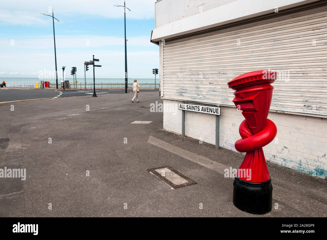 Alphabetti Spaghetti by Alex Chinneck consists of a series of knotted pillarboxes in London, Margate & Sheffield.  Shown is the example in Margate. Stock Photo