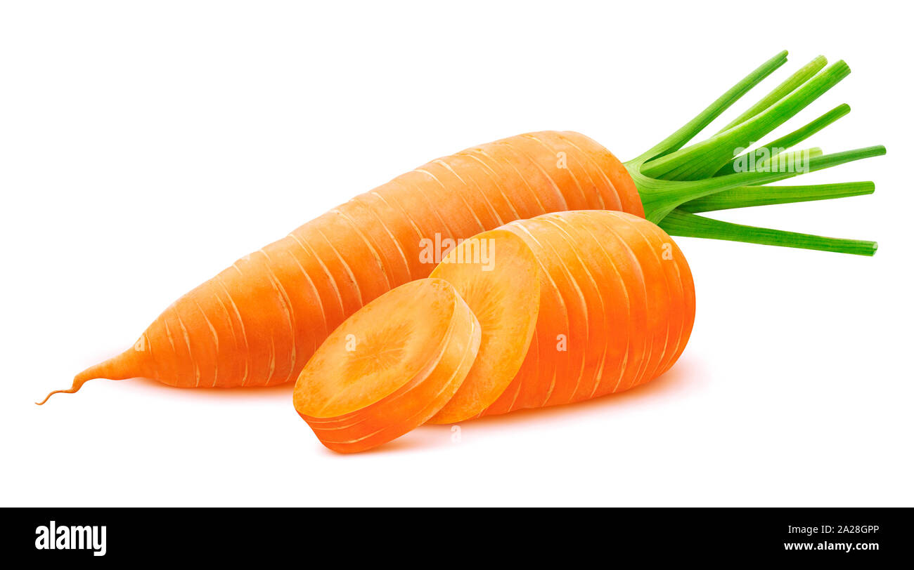 Carrot isolated on white background, whole and sliced carrots with
