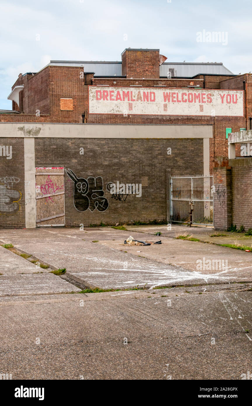 Dilapidated Dreamland Welcomes You sign on Dreamland amuseument park in Margate, Kent. Stock Photo