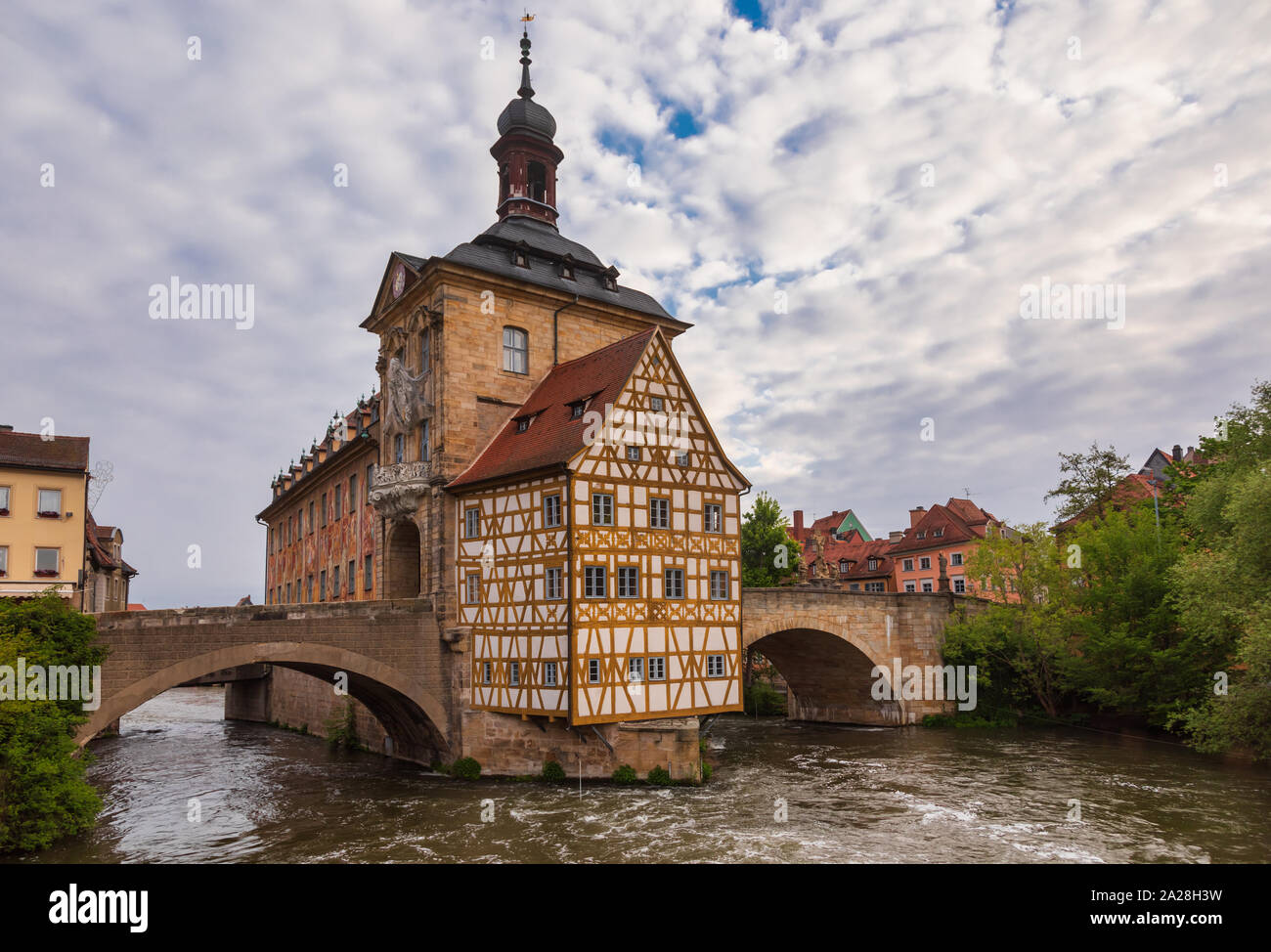 Bamberg cityscape with the medieval Altes Rathaus (Old Town Hall) and ...