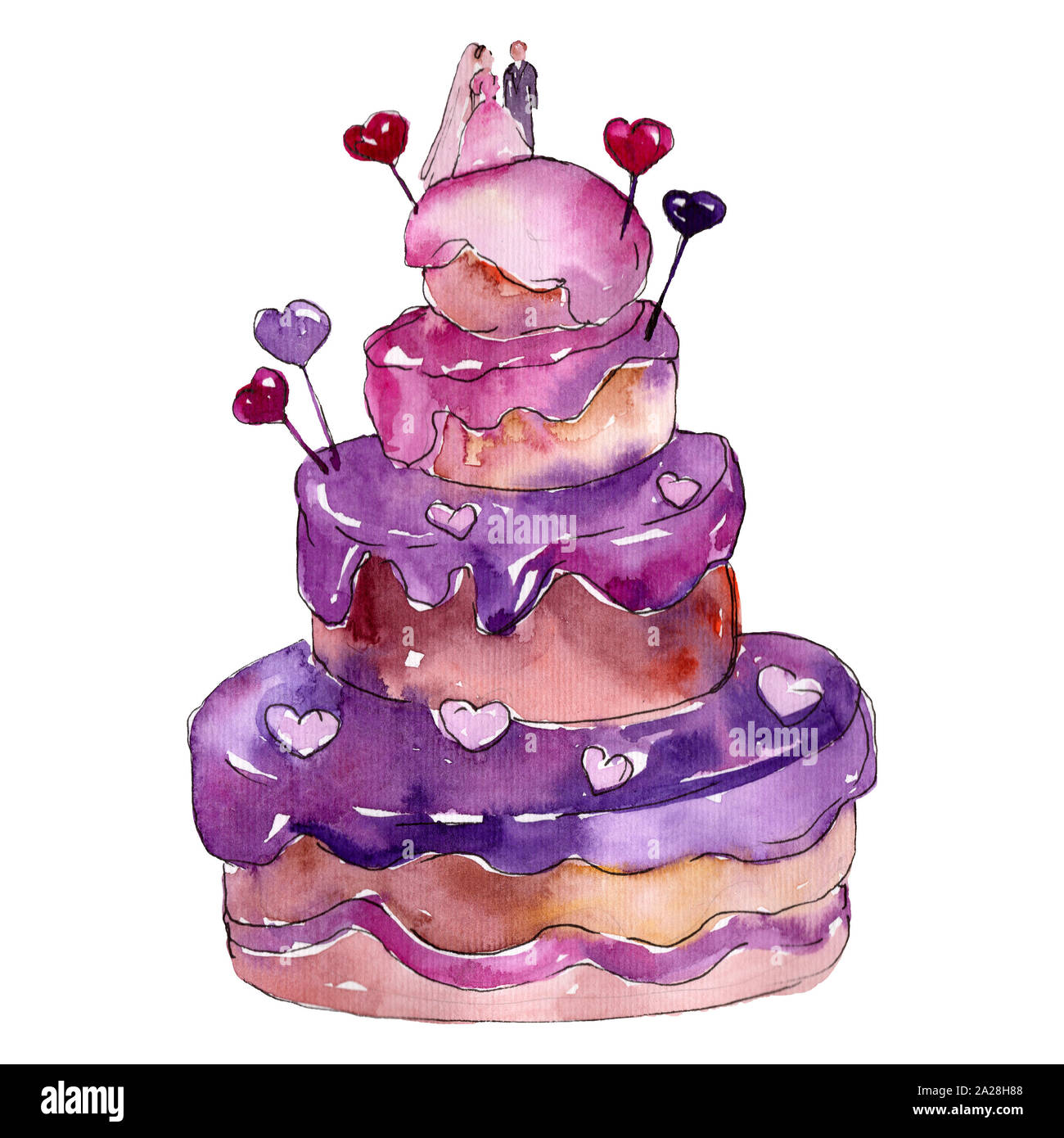Wedding cake with newlyweds. Watercolor background illustration set ...