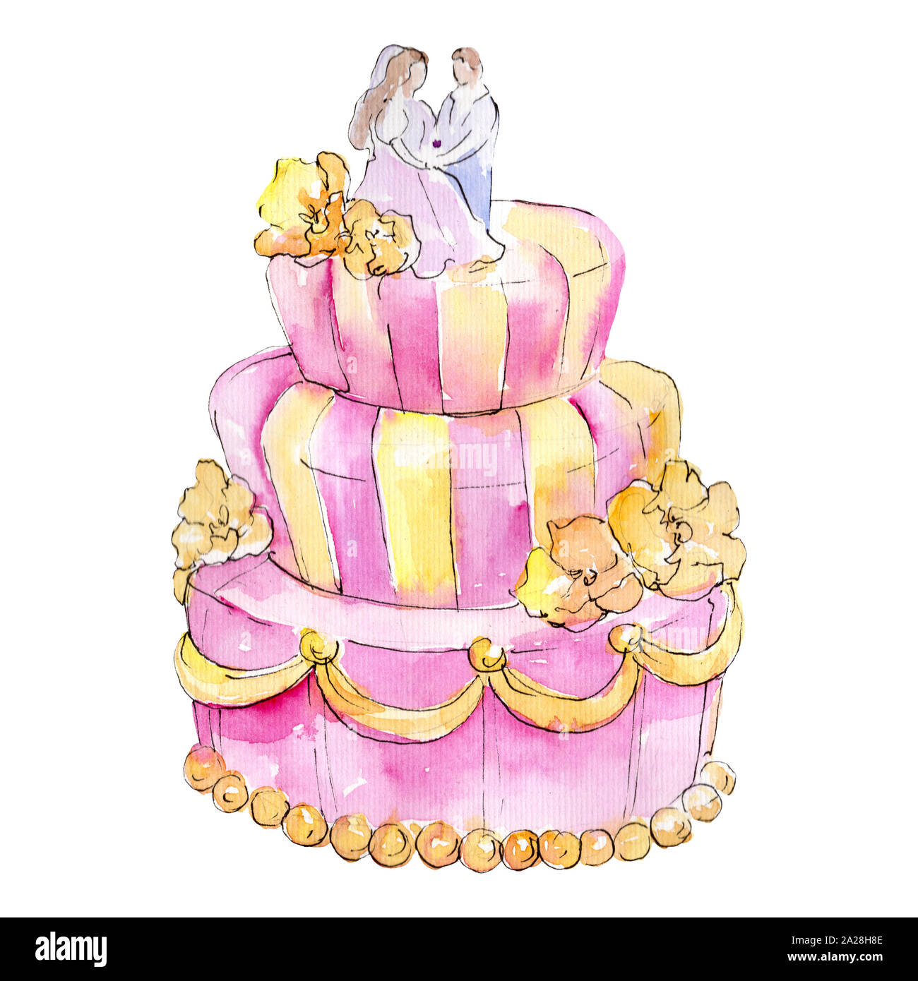 Wedding cake with newlyweds. Watercolor background illustration set ...