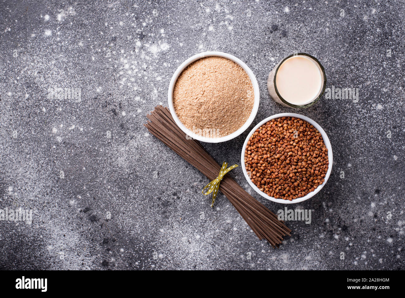Gluten free buckwheat flour, soba noodle and nondairy milk Stock Photo