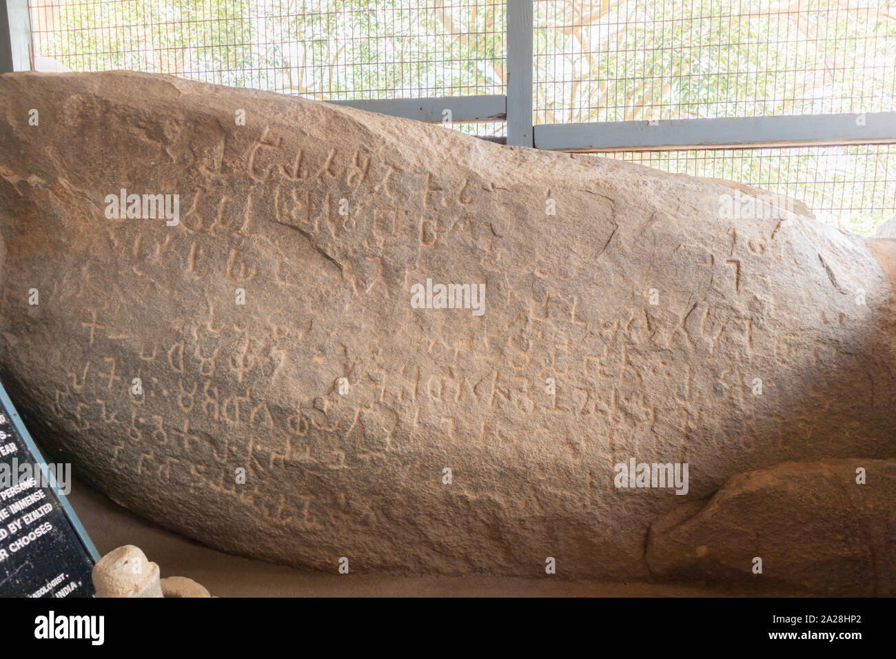 Rock edict of Emperor Ashoka on rock boulder at Maski, Raichur, India Stock Photo