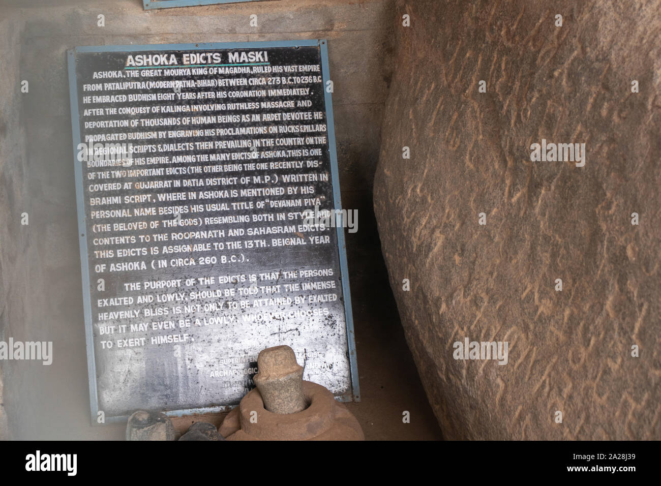Maski, India 21 September, 2019 : Inscriptions of Emperor Ashoka translated and printed in English inside the cave at Maski, Raichur, India Stock Photo