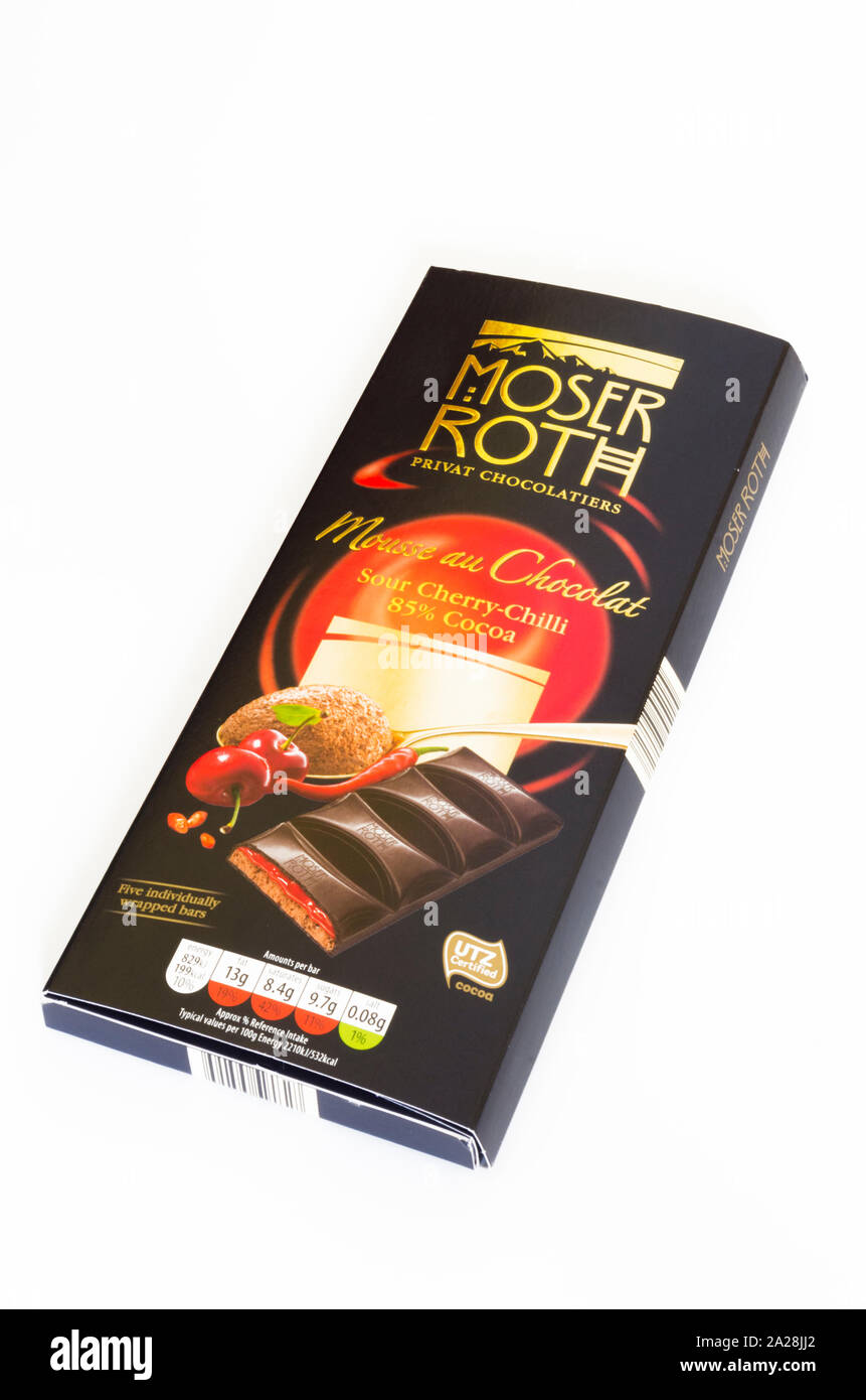 Aldi Moser Roth Sour Cherry & Chili Dark Chocolates Stock Photo - Alamy