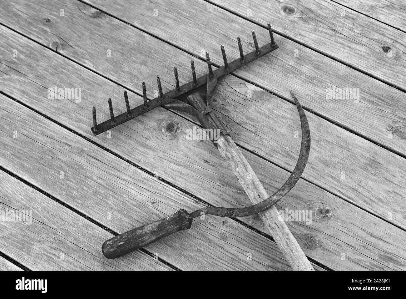 Sickle and the rake on the wooden background, concept Stock Photo - Alamy
