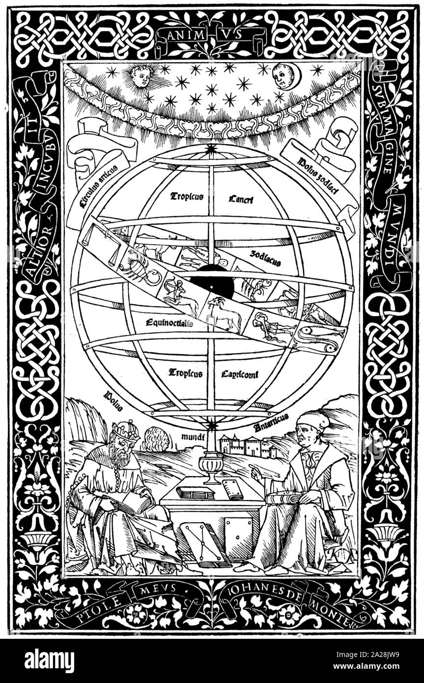 Book decoration from Johannes Regiomontanus Epitoma in Almagestum Ptolemei, Venice, Zodiac Sign, printed by Johann Hertzog, 1496. Stock Photo