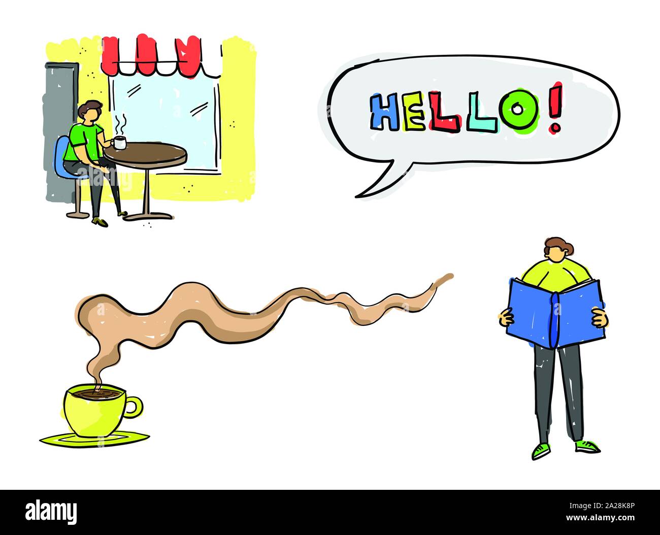 Quick hand drawing man and object set. Man sitting on cafe and drinking tea or coffee, hello in speech bubble, coffee or tea with exquisite smell and Stock Vector