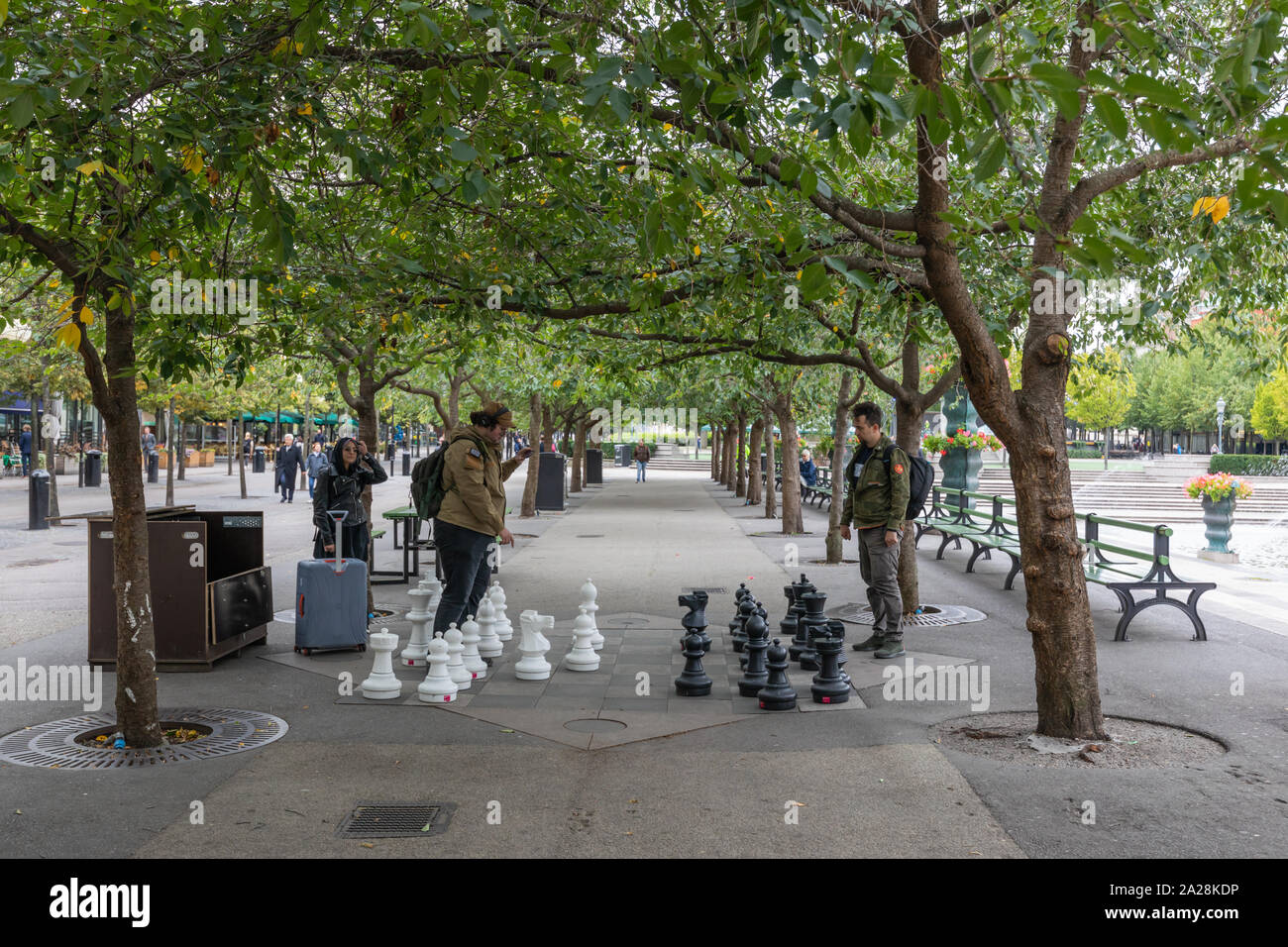 Stockholm, Sweden, September 2019: Two young men play chess outdoors with large chess pieces beneath an avenue of trees in Kungsträdgården. Stock Photo