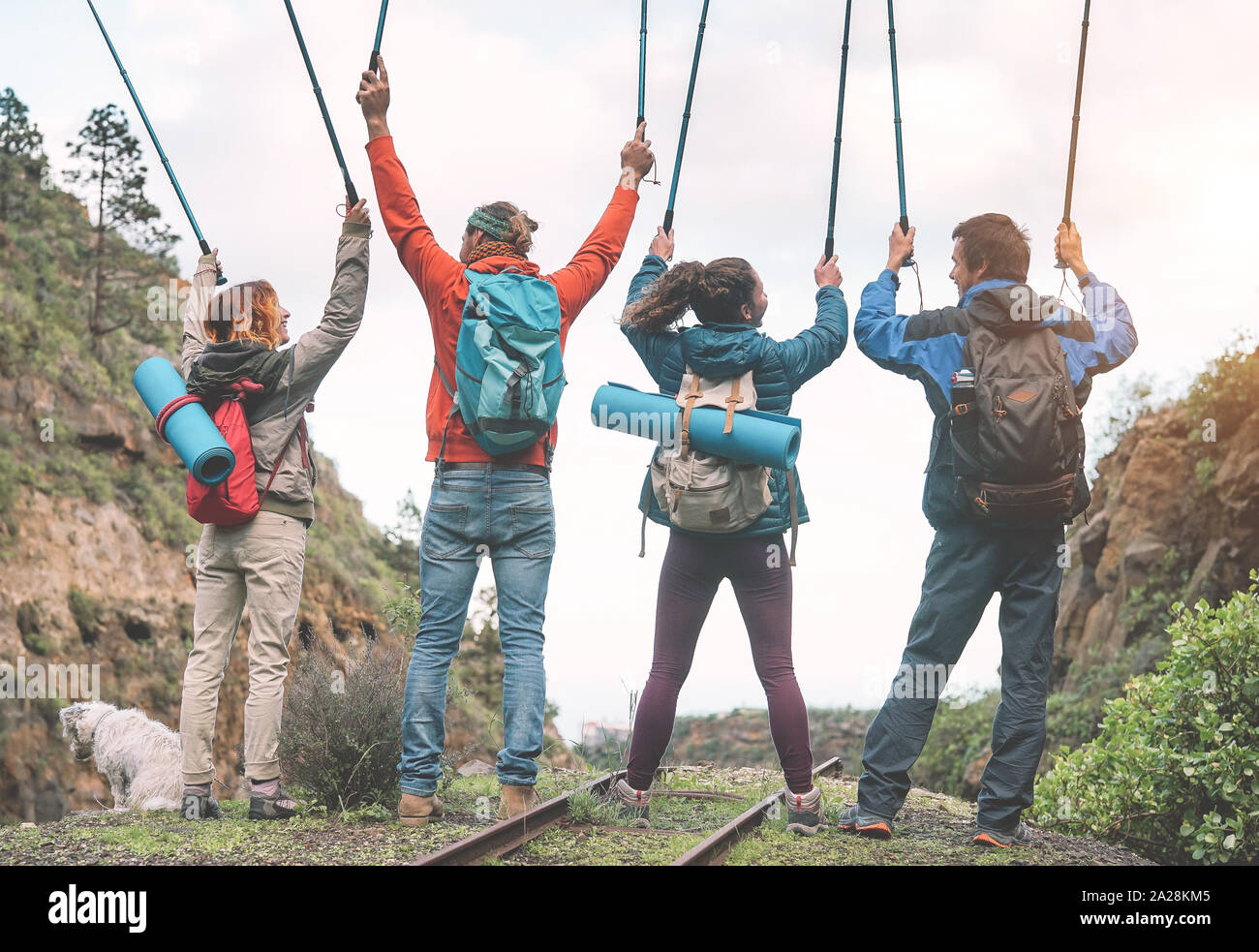 Group of friends raising hands up holding trekking poles on a peak of mountain - Young people exploring the nature Stock Photo
