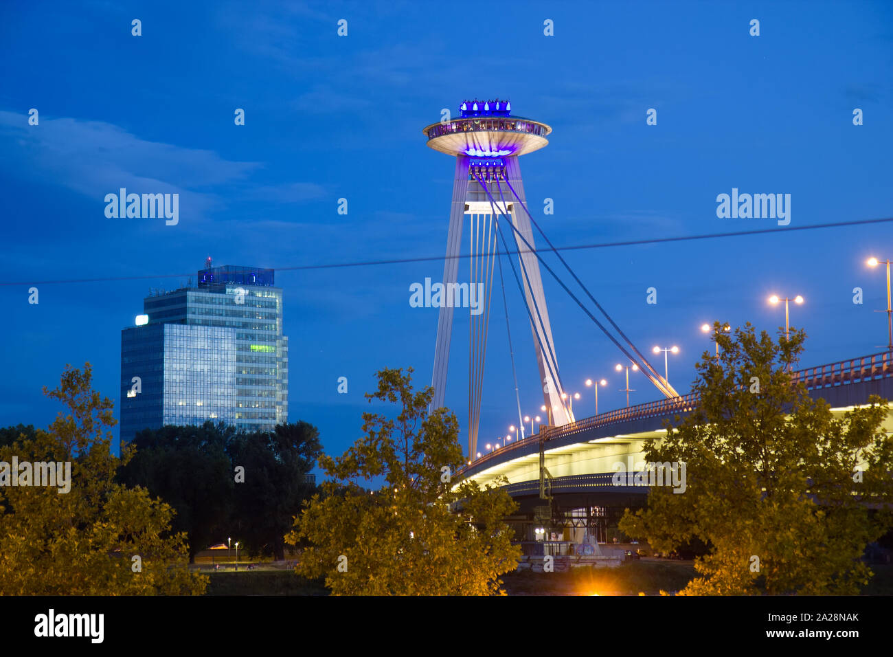 UFO tower restaurant in Bratislava by night Stock Photo