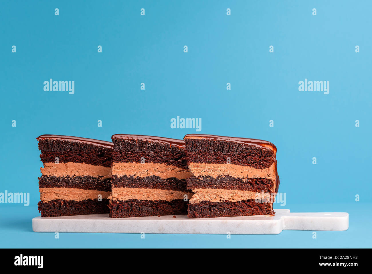 Chocolate layered cake slice aligned and displayed on a white cutting ...