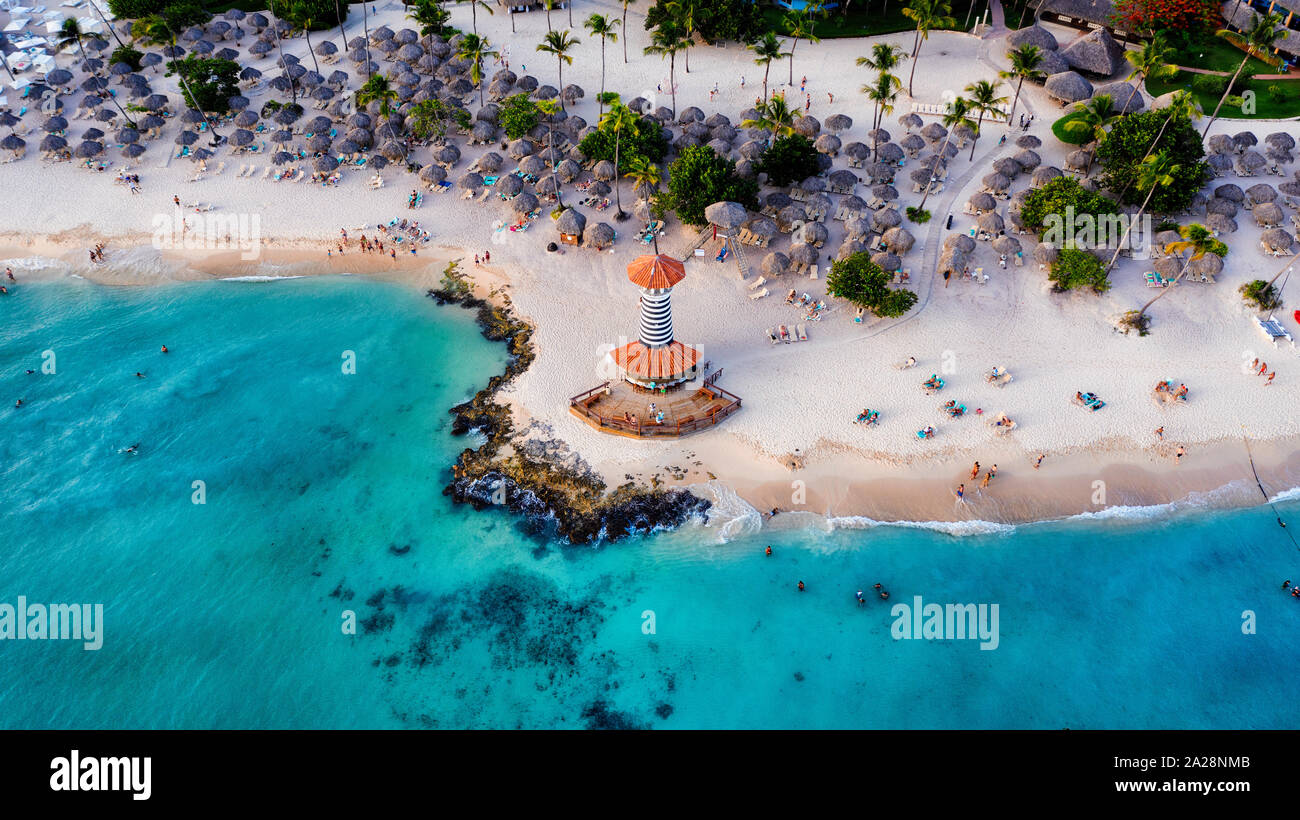 Dominican Republic Bayahibe beach Lighthouse aerial photo by drone. Crystal clear sea with beautiful beach. - Image Stock Photo