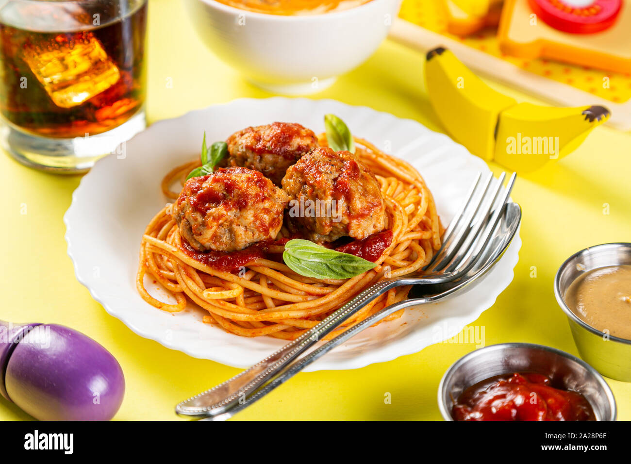 Kids menu concept pasta, nuggets, french fries, soups, cola Stock