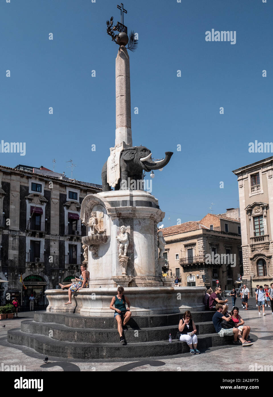 Elephant fountain in the Piazza Duomo in Catania Created bt G.B. Vaccarini in 1735 The elephant is carved from lava stone Stock Photo
