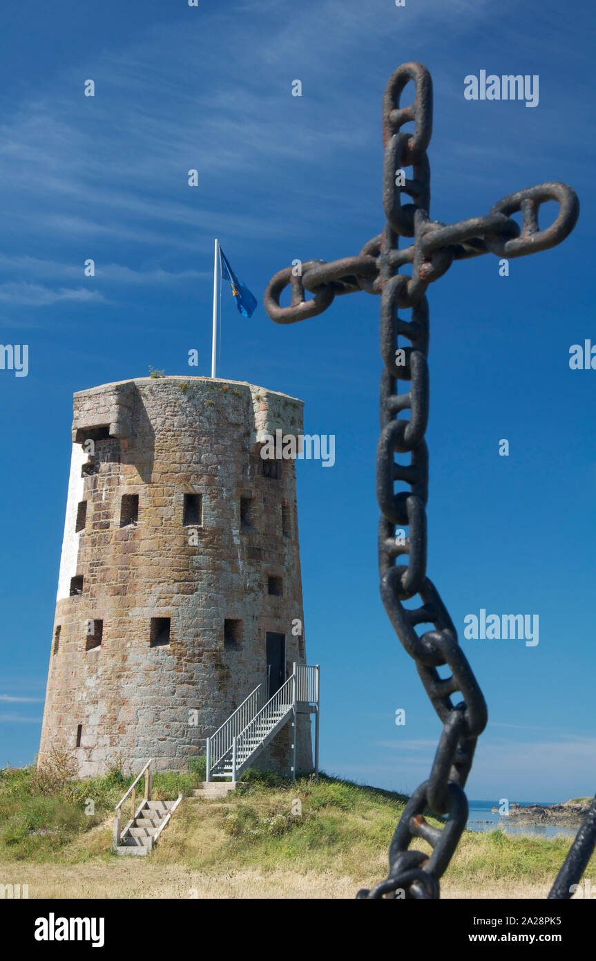 The Round tower at Le Hocq, in St Clement, one of a series of 22 historic defensive forts built around the coast of Jersey. The Channel Islands, UK. Stock Photo