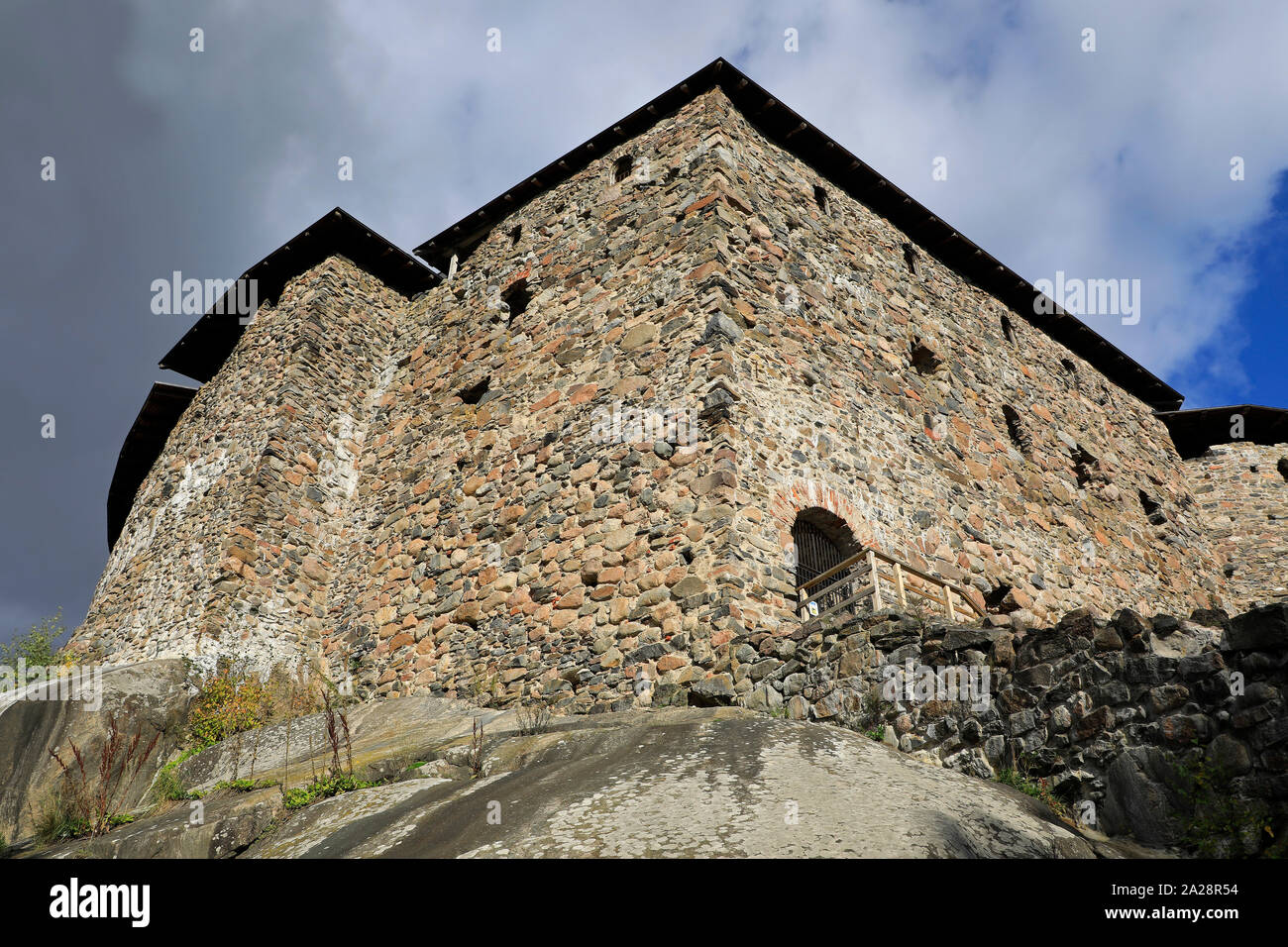 Medieval Raseborg Castle Ruins against sky, detail. Raseborg Castle was built in 1370s on a rock that was surrounded by water at the time. Stock Photo
