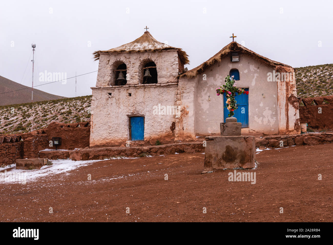 Light snowfall in the Andean village of Machuca, altitude about 4,000m, San Pedro de Atacama, Región de Antofagasta, Republic of Chile, Latin America Stock Photo