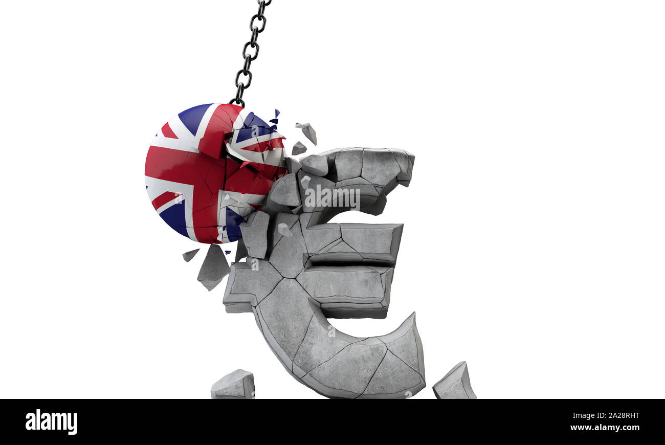 UK flag ball smashing a European Euro currency symbol. 3D Render Stock Photo