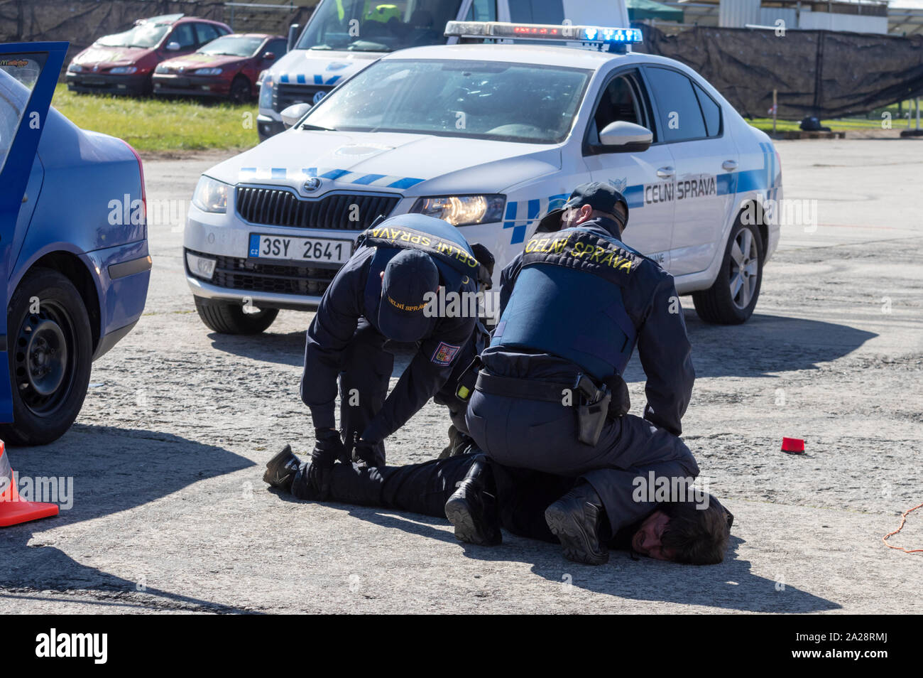 OSTRAVA, CZECH REPUBLIC - SEPTEMBER 21, 2019: NATO Days. Dynamic display of Czech police force, suspect pulled over and arrested. Stock Photo