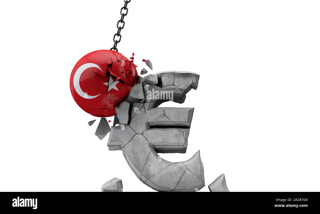 Turkey flag ball smashing a European Euro currency symbol. 3D Render Stock Photo
