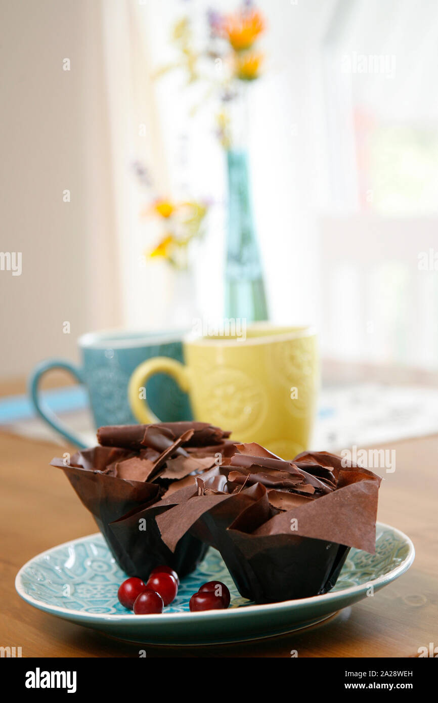 Two chocolate cupcakes covered with chocolate chips on a blue plate. Romantic breakfast for two. Stock Photo