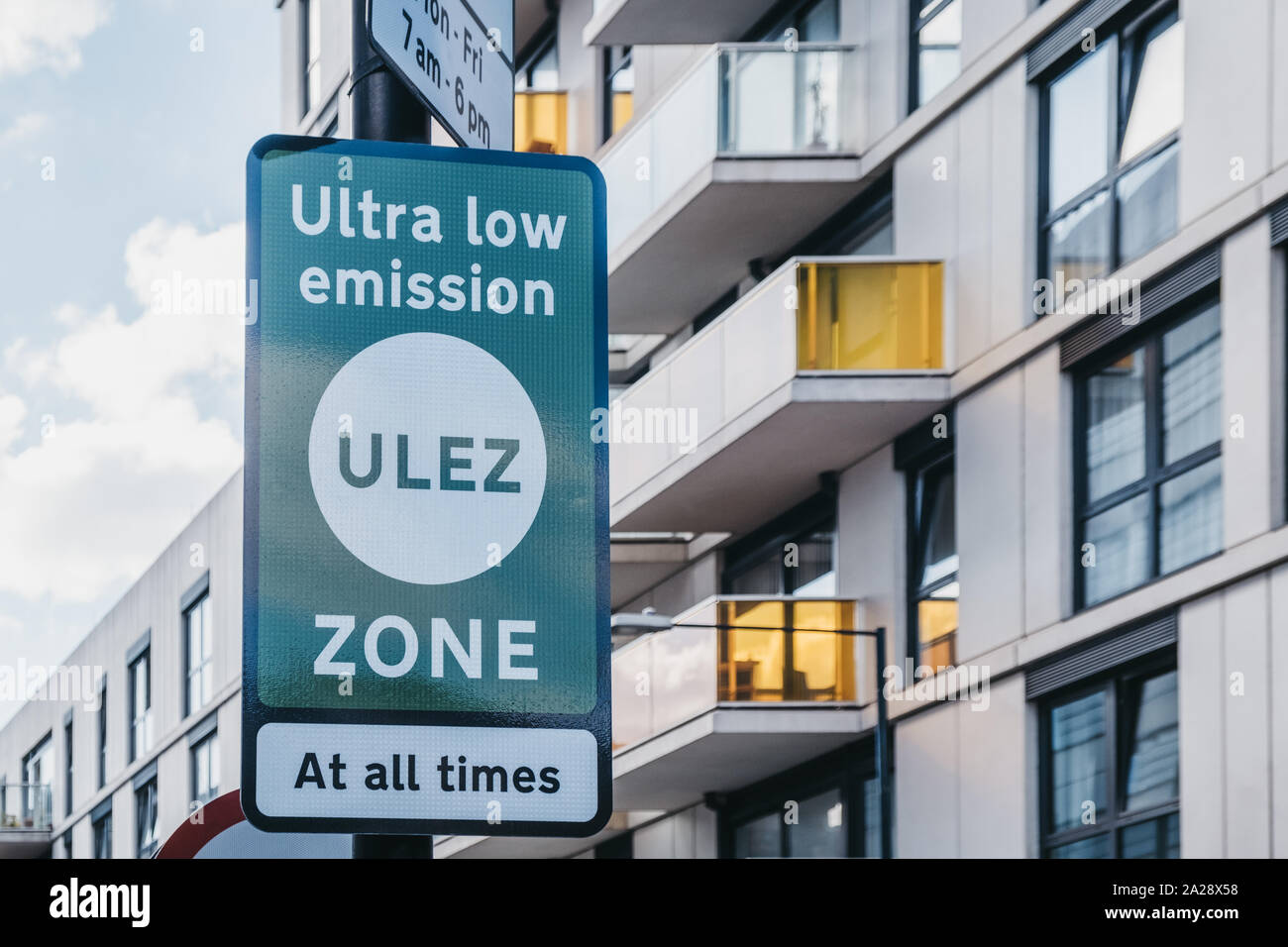 Signs indicating Ultra Low Emission Zone (ULEZ) on a street in London, UK. Stock Photo