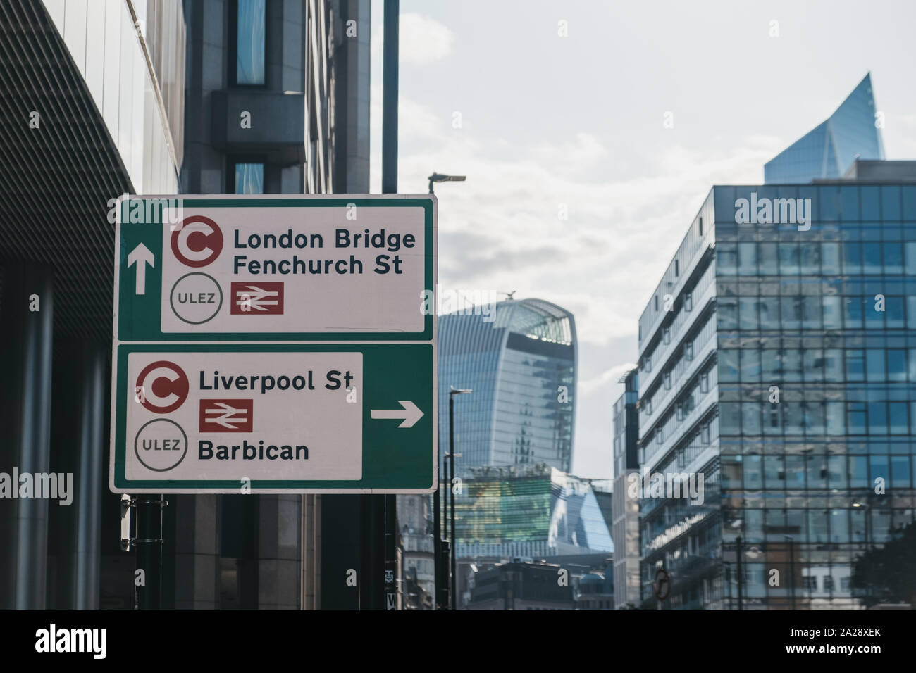 London, UK - September 7, 2019: Signs indicating the direction of Ultra Low Emission Zone (ULEZ) on a street in London. ULEZ was introduced in 2019 to Stock Photo