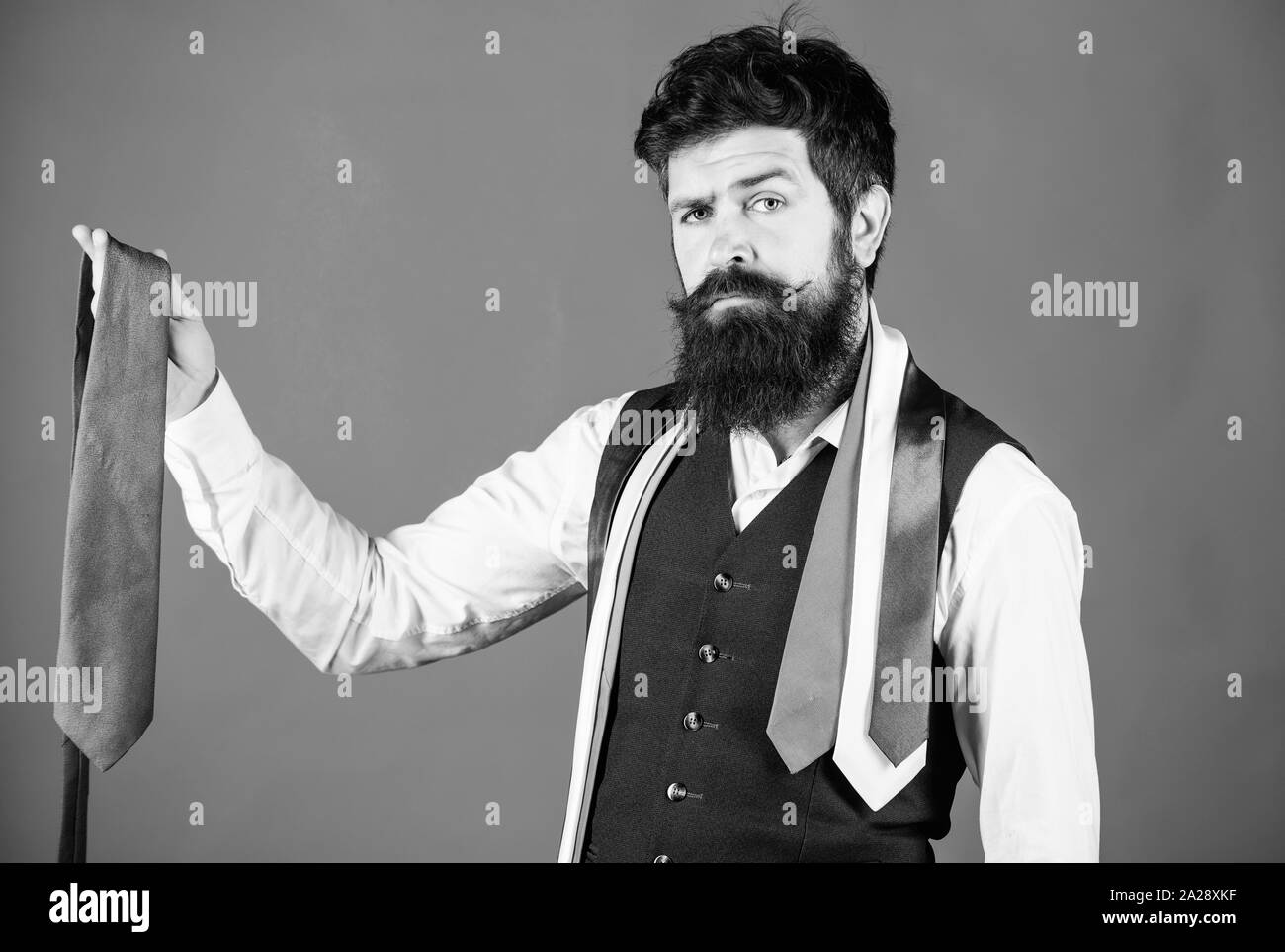 It looks superbly stylish. Bearded man holding stylish necktie. Brutal guy in stylish clothes choosing classy accessory. Fashion model in trendy hipster style. Stylish businessman. Stock Photo
