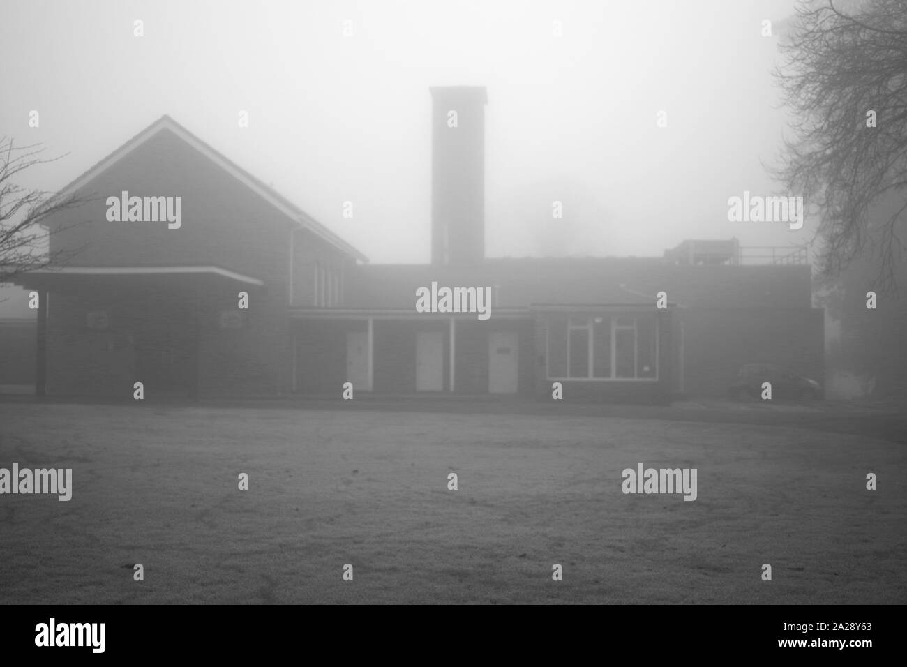Exeter and Devon Crematorium Building. UK. On a Misty Winters Day. Stock Photo