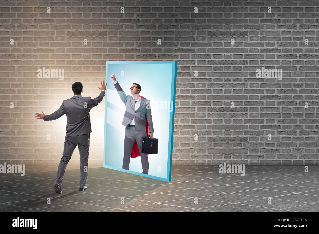 The businessman seeing himself in mirror as superhero Stock Photo - Alamy