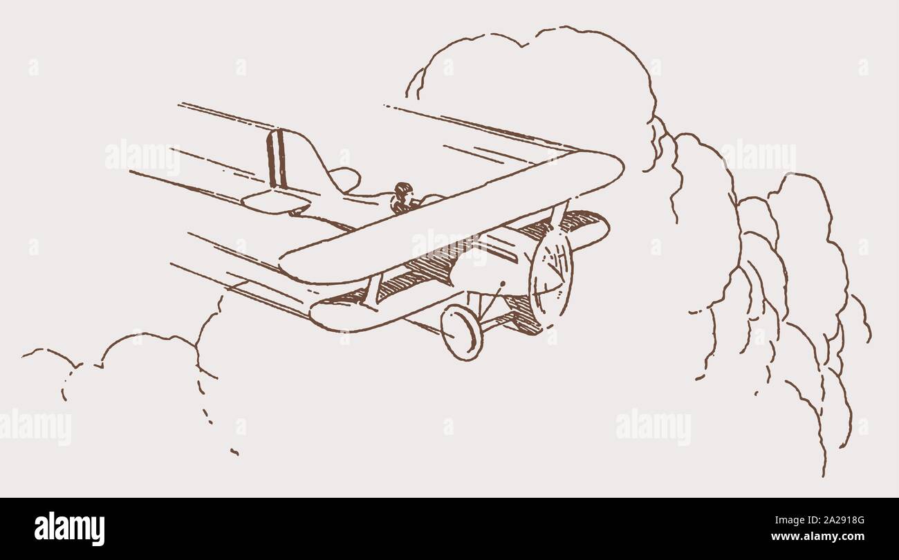 Historic single-seater biplane flying in front of large cumulus clouds. Illustration after a lithography from the early 20th century Stock Vector