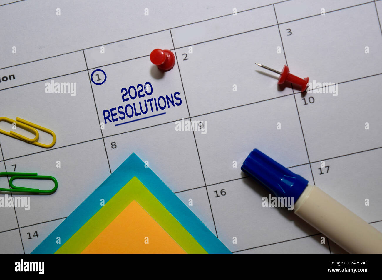 2020 Resolutions text on white calendar background. Reminder or ...