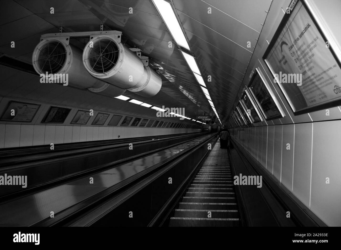 Metro station, underground, subway escalator, Budapest, Hungary Stock Photo
