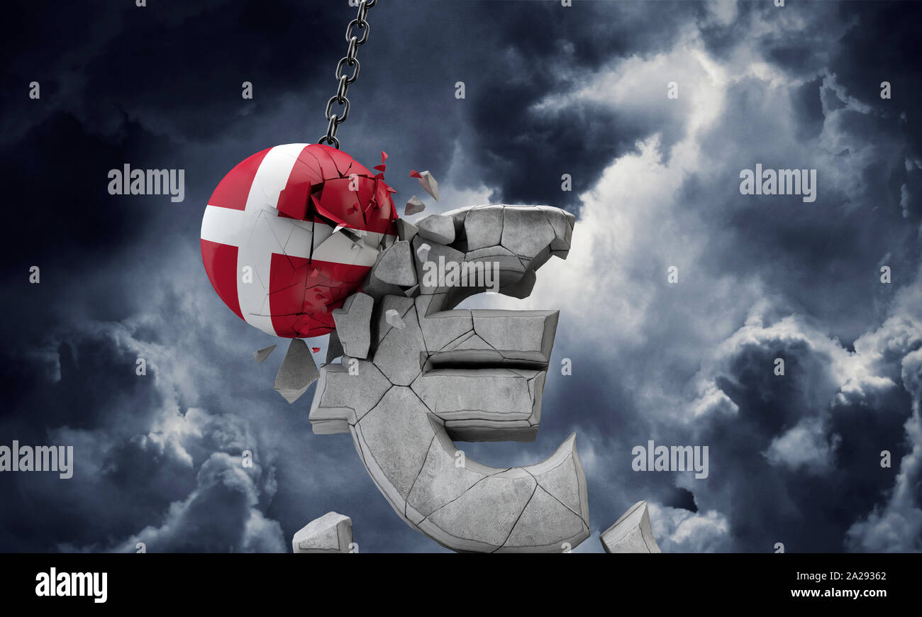 Denmark flag ball smashing a European Euro currency symbol. 3D Render Stock Photo