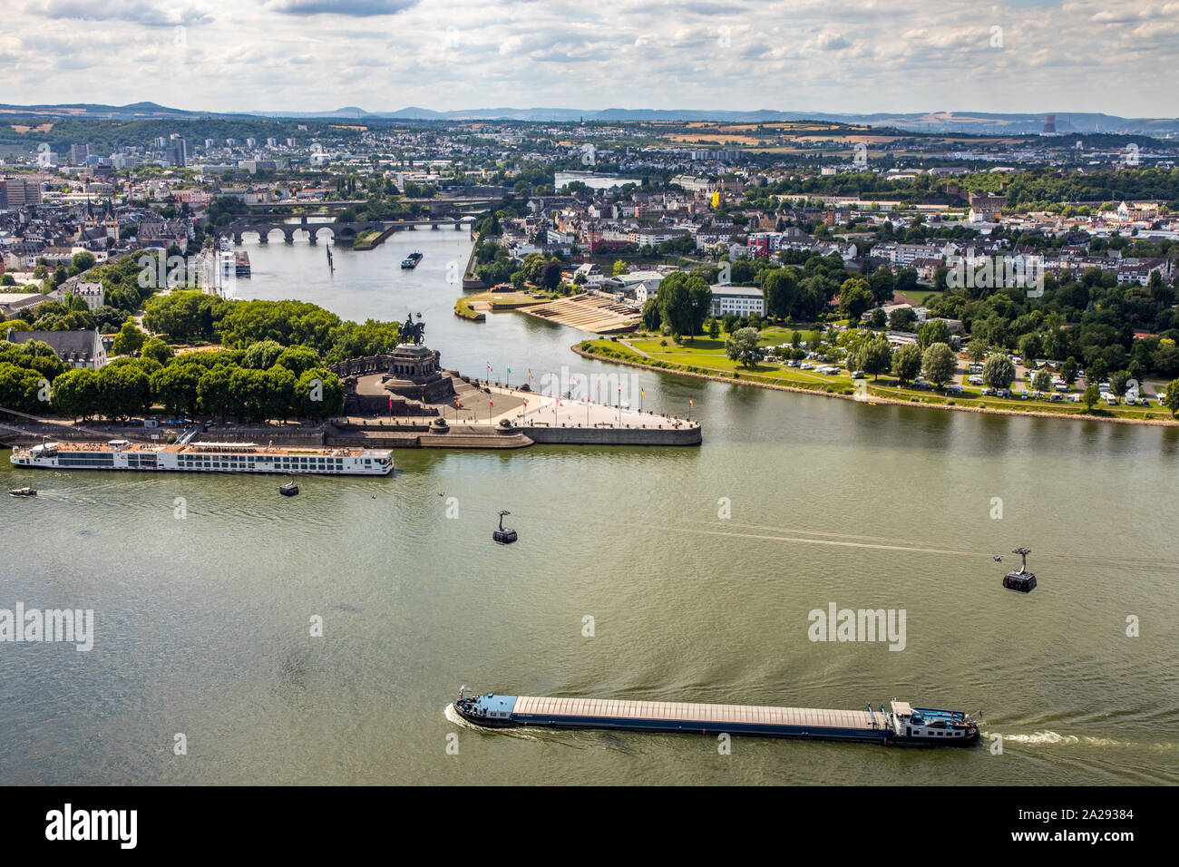 Koblenz, German Corner, confluence of Moselle and Rhine, cable car to Ehrenbreitstein fortress, across the Rhine, Rhine navigation, Germany Stock Photo