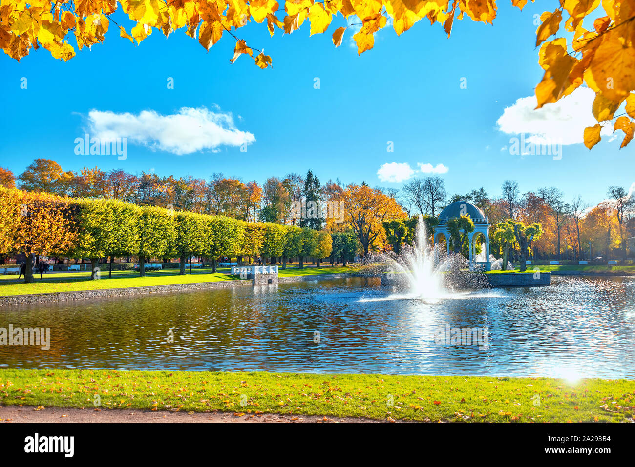 Beautiful pond with rotunda in Kadriorg park at golden autumn. Tallinn, Estonia Stock Photo