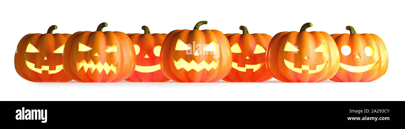 Many Halloween Pumpkins in a row isolated on white background. 3D Rendering illustration Stock Photo