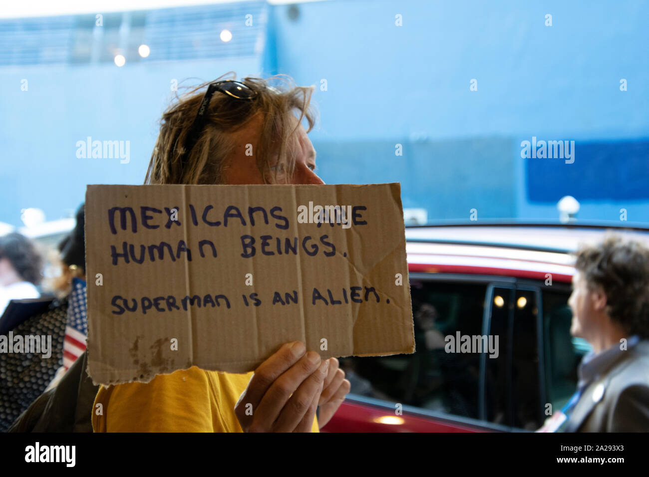 A protester outside the Democratic National Committee summer meetings in San Francisco on Aug. 23, 2019. Stock Photo