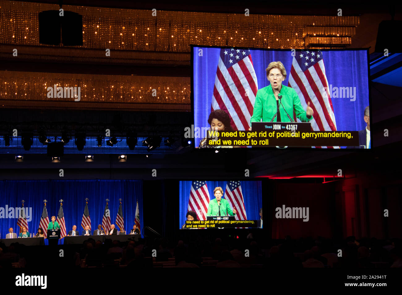 U.S. Sen. Elizabeth Warren, D-Massachusetts, speaks at the Democratic National Committee summer meetings in San Francisco on Aug. 23, 2019. Stock Photo
