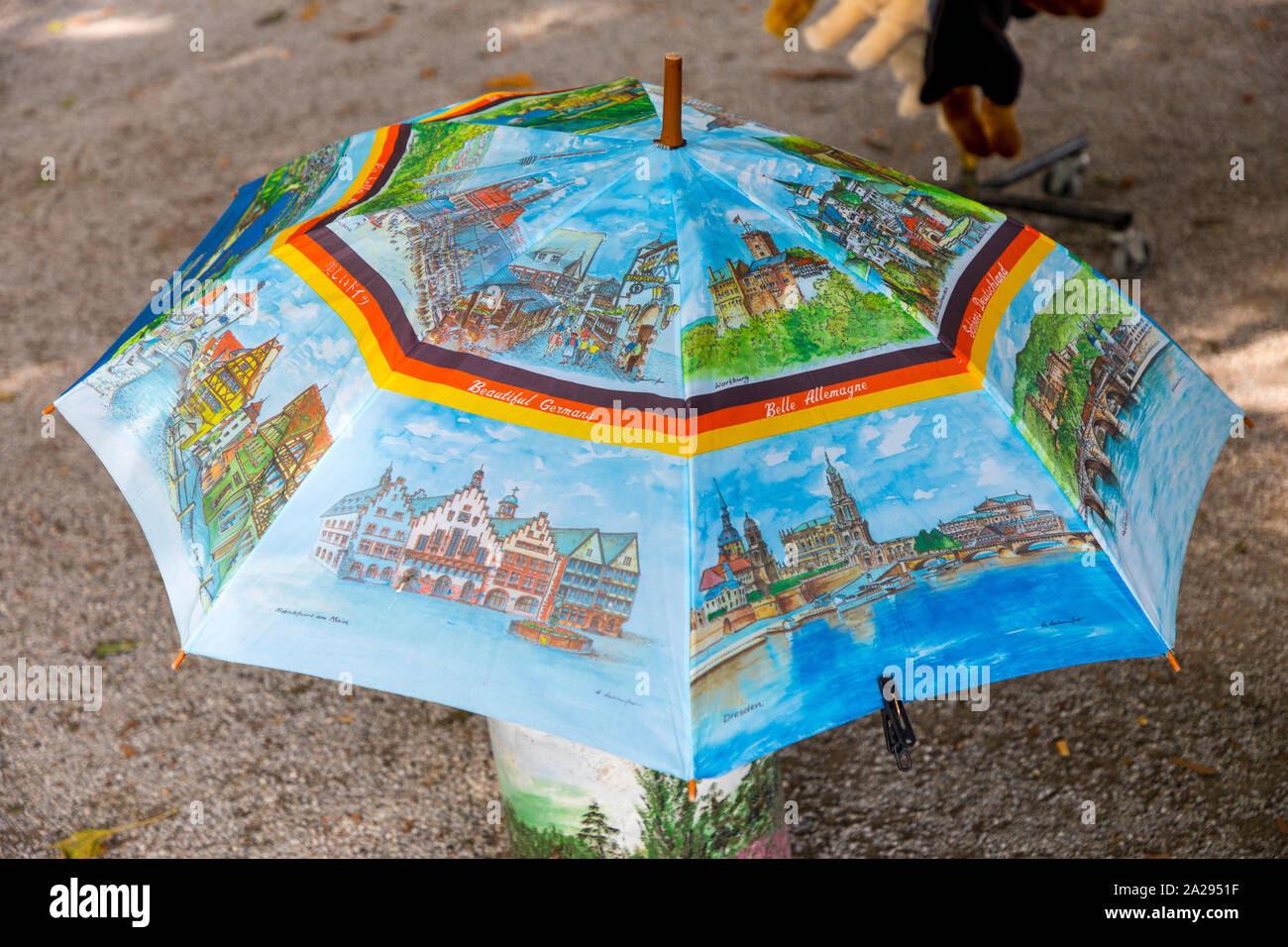 Koblenz, German corner, confluence of the Moselle and Rhine rivers, souvenir shop, kitschy Germany umbrella, Germany Stock Photo