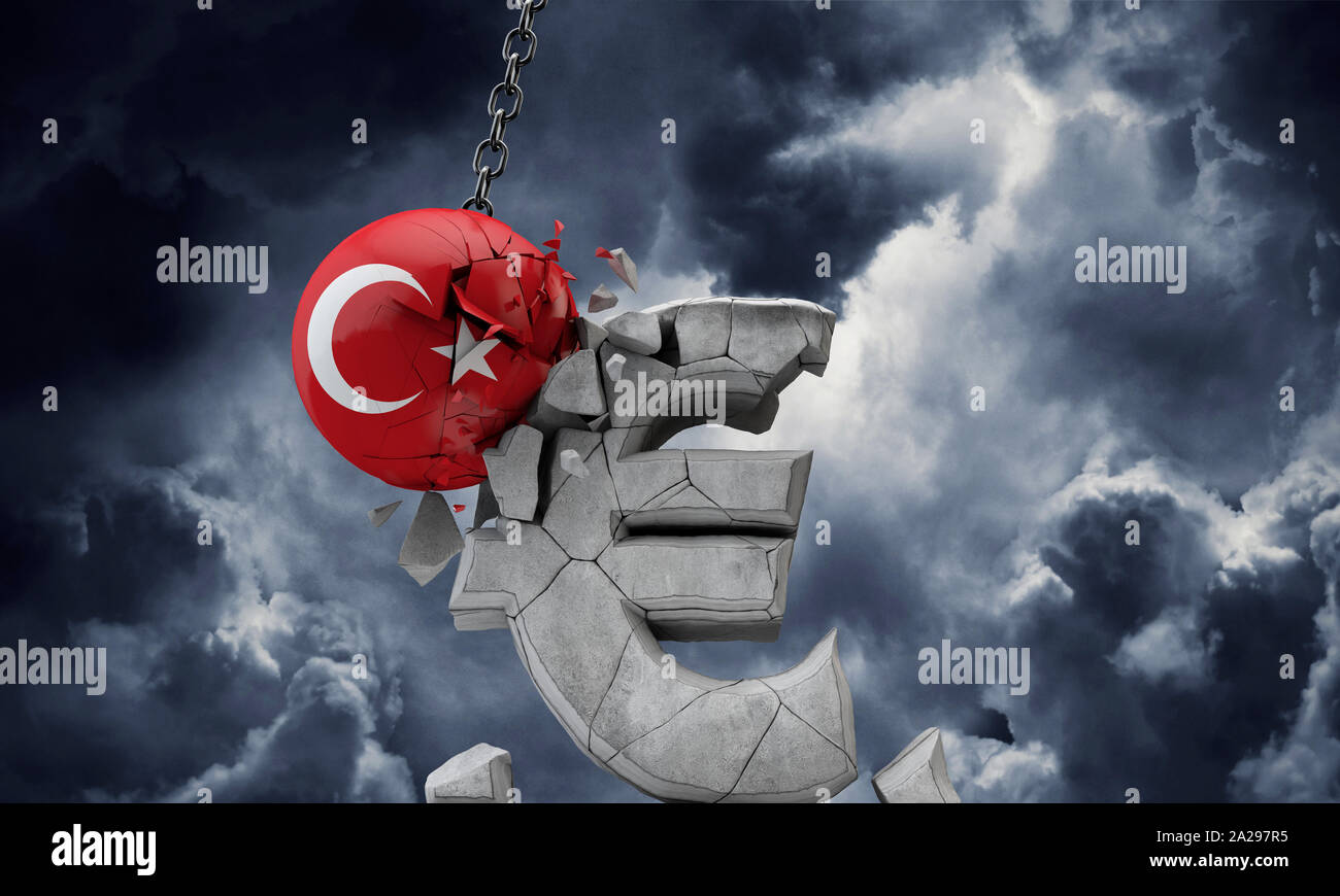 Turkey flag ball smashing a European Euro currency symbol. 3D Render Stock Photo