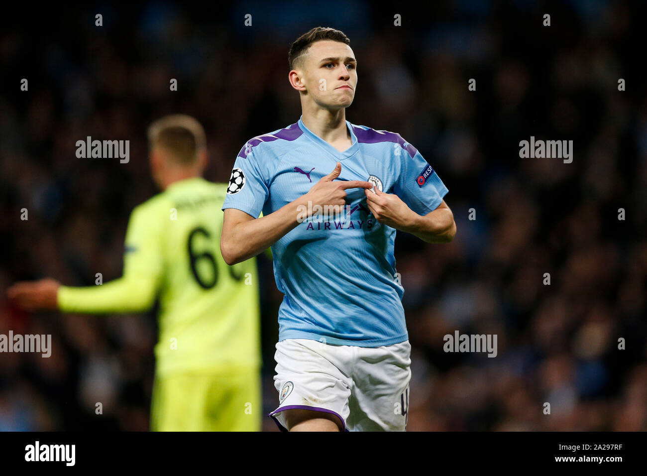 Manchester, UK. 01st Oct, 2019. Phil Foden of Manchester City celebrates after scoring his side's second goal to make the score 2-0 during the UEFA Champions League Group C match between Manchester City and Dinamo Zagreb at the Etihad Stadium on October 1st 2019 in Manchester, England. (Photo by Daniel Chesterton/phcimages.com) Credit: PHC Images/Alamy Live News Stock Photo
