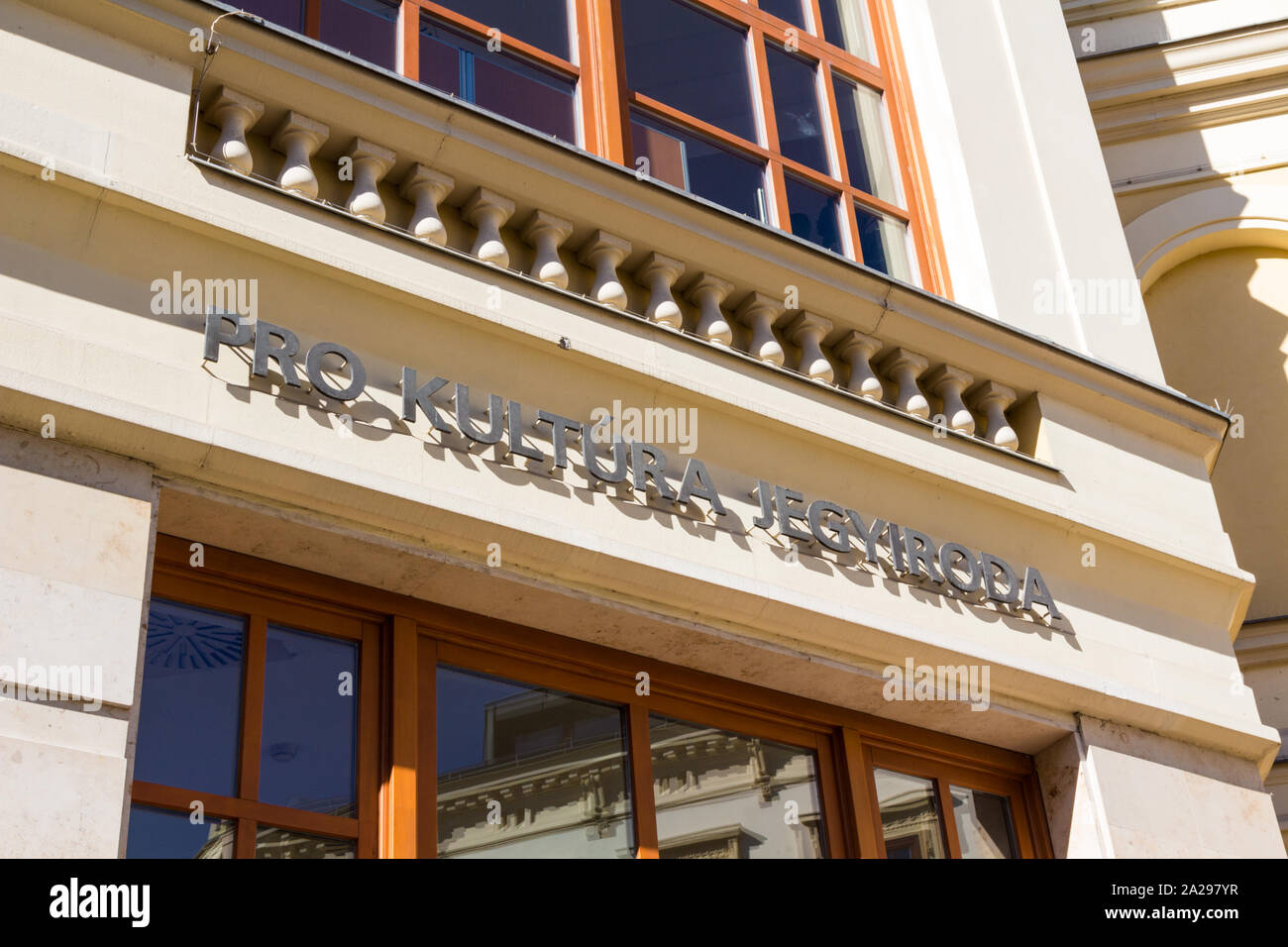 Pro Kultura Jegyiroda (Pro Culture Ticket Office) written on the front of Liszt Ferenc Cultural and Conference Centre Center, Sopron, Hungary Stock Photo