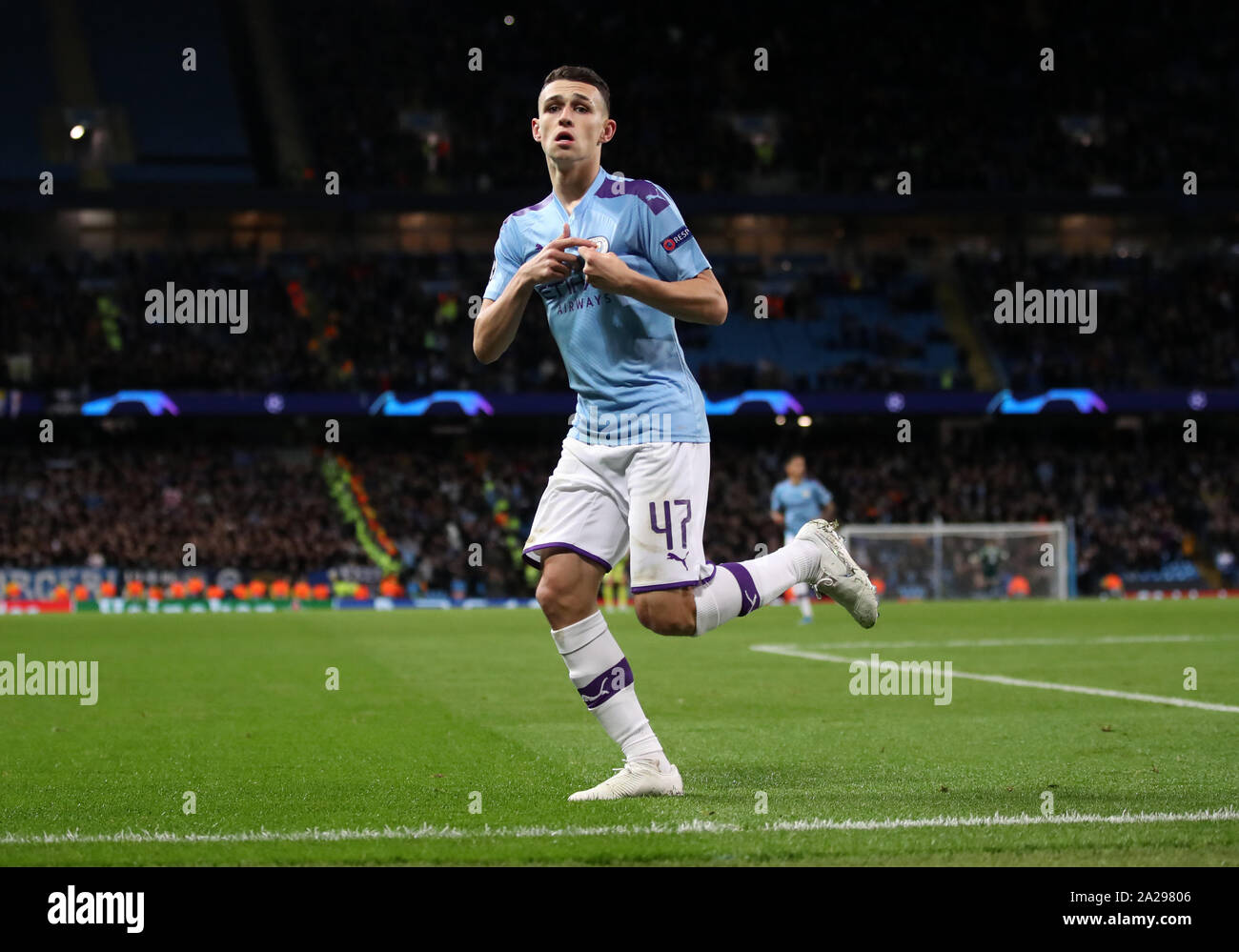 Manchester City's Phil Foden celebrates scoring his side's second goal of the game during the UEFA Champions League match at the Etihad Stadium, Manchester. Stock Photo