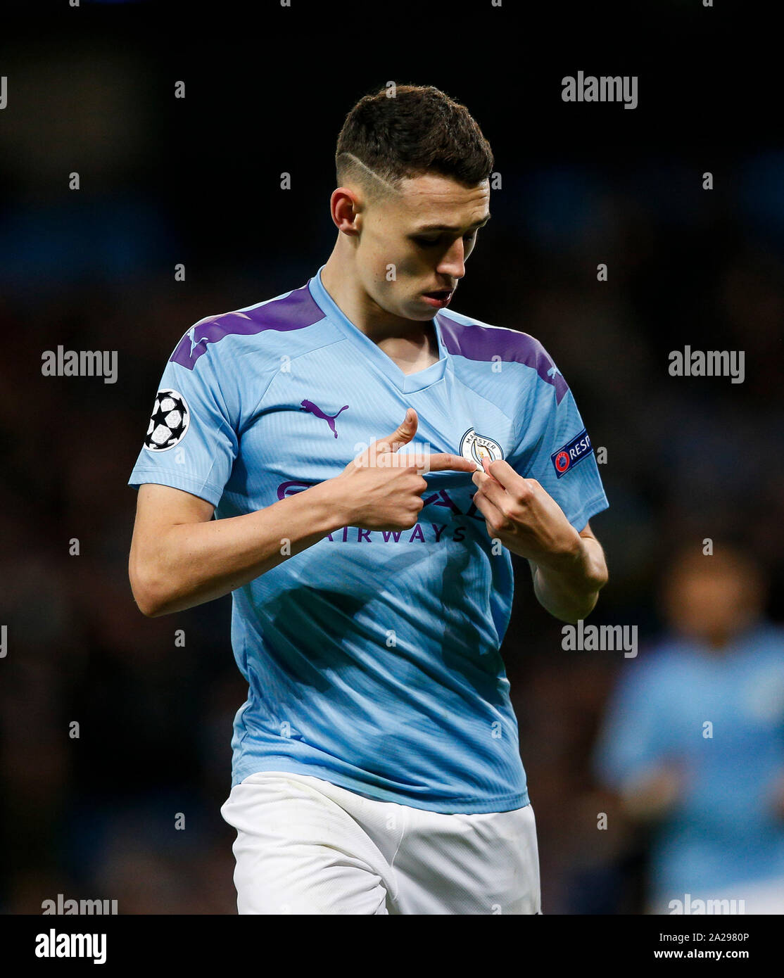 Manchester, UK. 01st Oct, 2019. Phil Foden of Manchester City celebrates after scoring his side's second goal to make the score 2-0 during the UEFA Champions League Group C match between Manchester City and Dinamo Zagreb at the Etihad Stadium on October 1st 2019 in Manchester, England. (Photo by Daniel Chesterton/phcimages.com) Credit: PHC Images/Alamy Live News Stock Photo