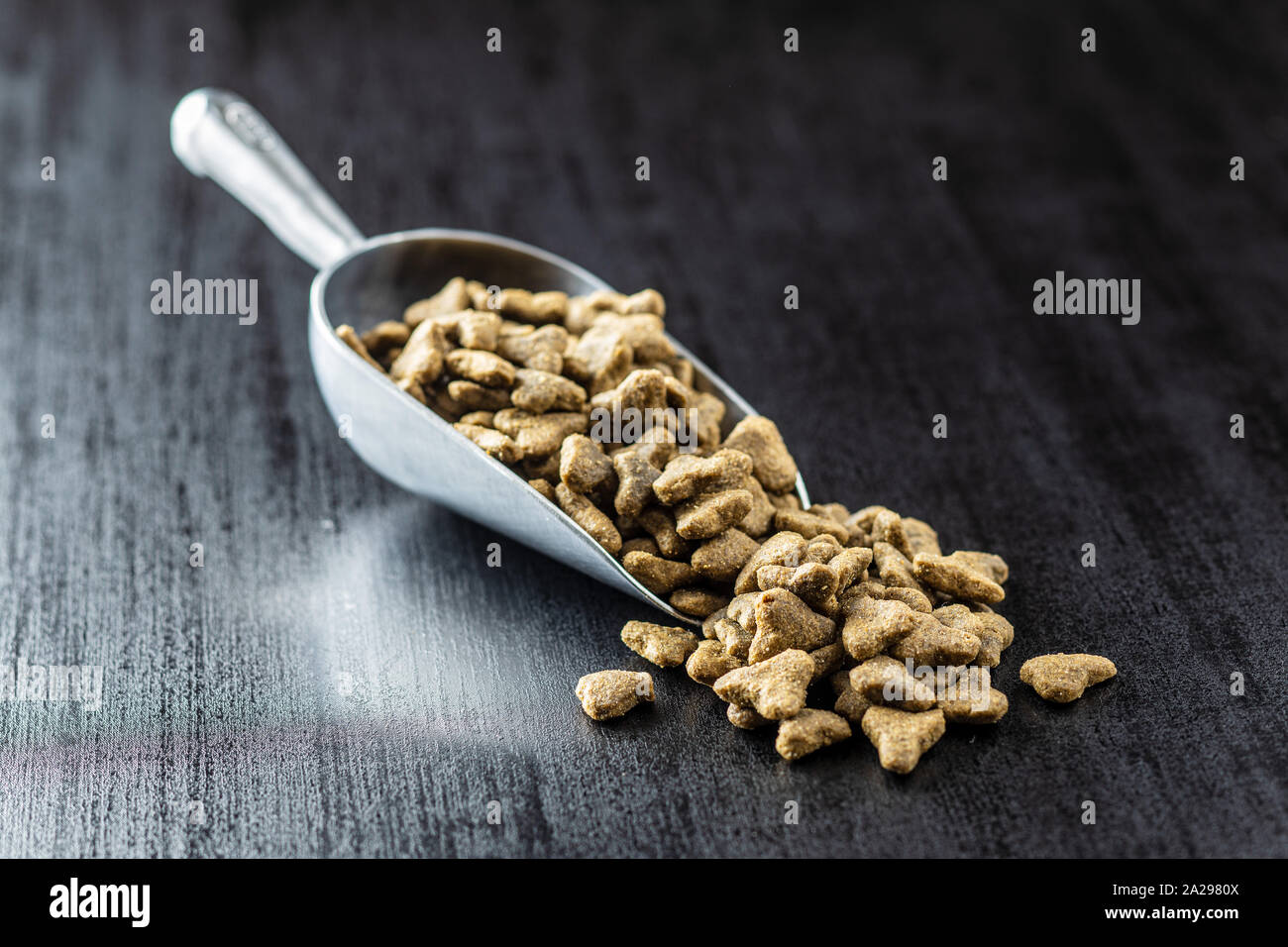 Dry kibble pet food in scoop. Kibble for dog or cat on black table