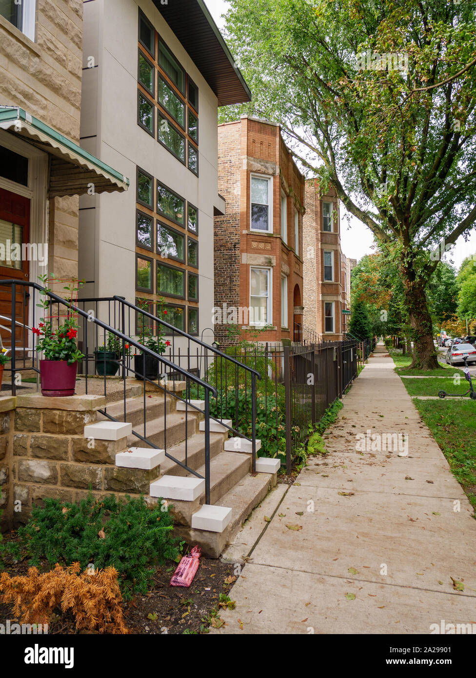 Gentrification along Walton Street. East Humboldt Park neighborhood, Chicago, Illinois. Stock Photo